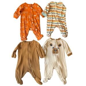 Pajamas Set of 4 Baby Boy Footie size 0-3M with Zipper Orange Beige Bear